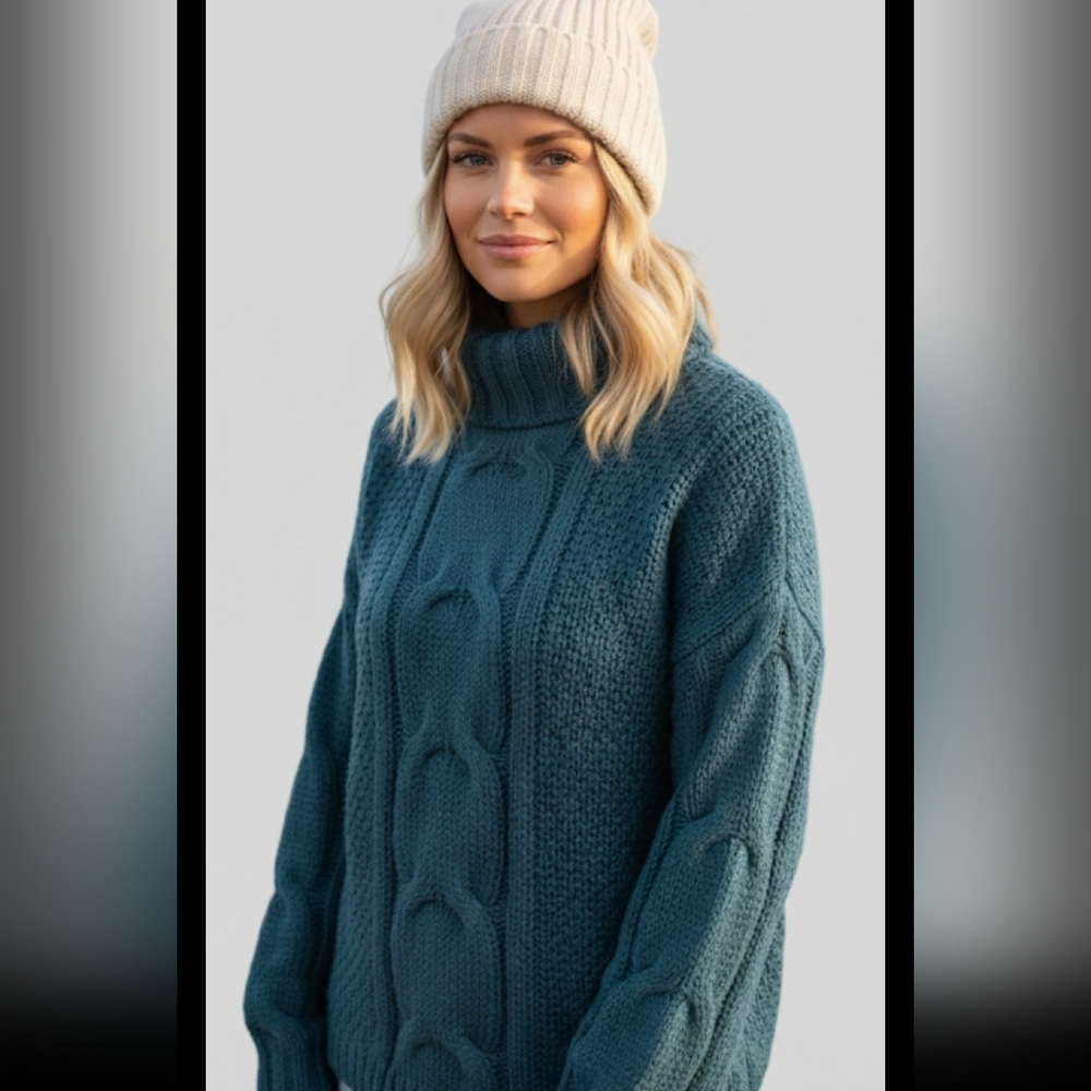 Seven 7‎ Teal Cable Knit Turtleneck Sweater Women's Small Cozy Winter 346Warm